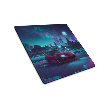 Mk5 Toyota Supra Inspired Red Vaporwave Gaming Mouse Pad, Neon JDM Sports Car Desk Mat with Cyberpunk Japanese Cityscape and Retro Futuristic Art