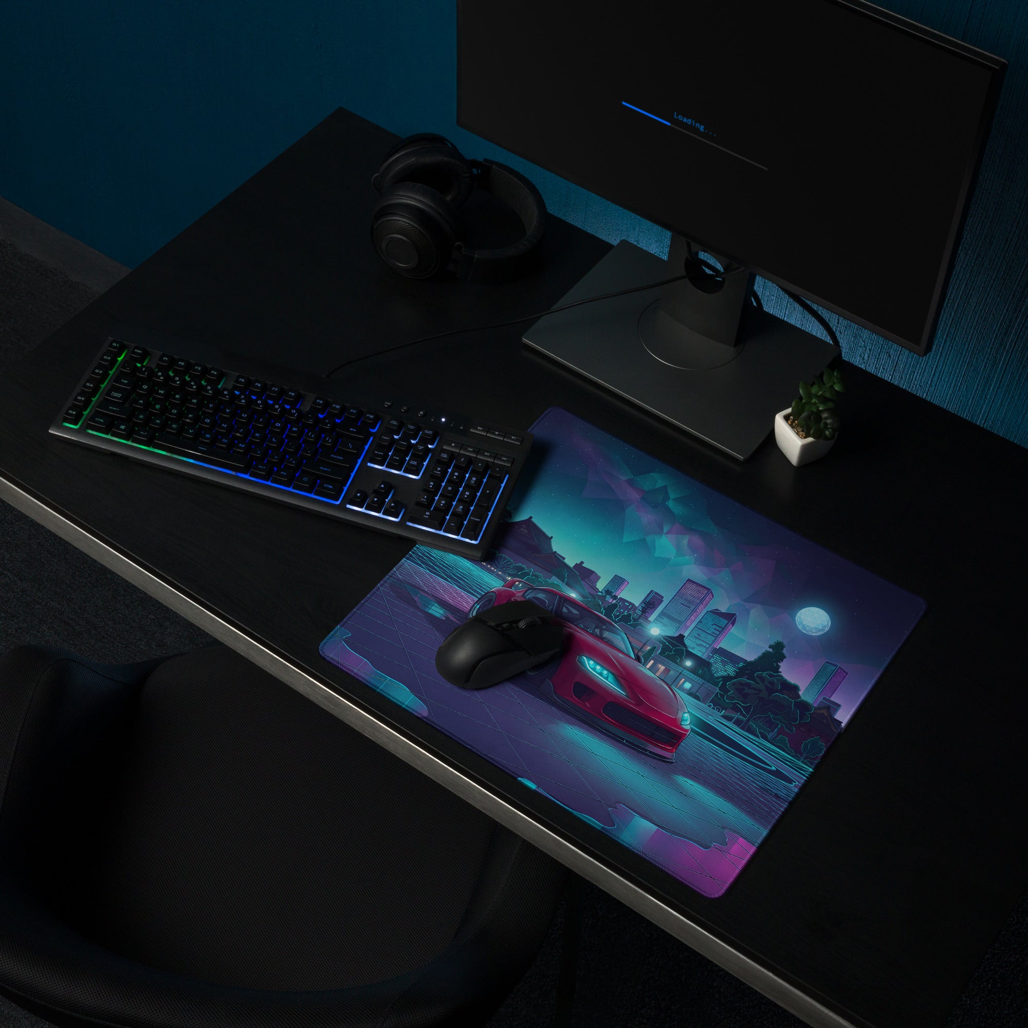 Mk5 Toyota Supra Inspired Red Vaporwave Gaming Mouse Pad, Neon JDM Sports Car Desk Mat with Cyberpunk Japanese Cityscape and Retro Futuristic Art