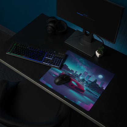 Mk5 Toyota Supra Inspired Red Vaporwave Gaming Mouse Pad, Neon JDM Sports Car Desk Mat with Cyberpunk Japanese Cityscape and Retro Futuristic Art