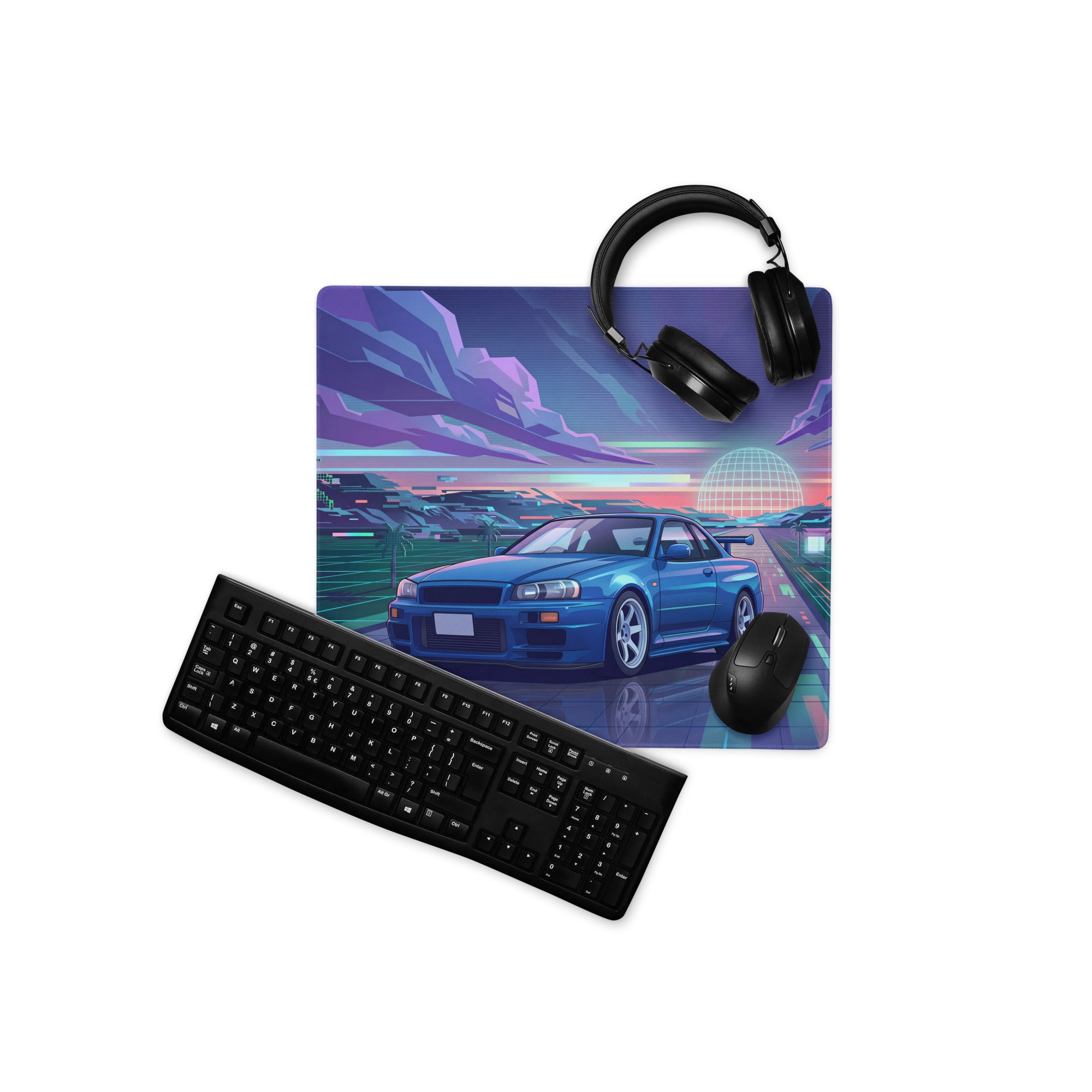 Nissan Skyline GT-R R34 Inspired Blue Vaporwave Gaming Mouse Pad, Neon JDM Sports Car Desk Mat with Retro Futuristic Synthwave Landscape Art