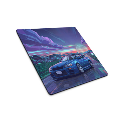 Nissan Skyline GT-R R34 Inspired Blue Vaporwave Gaming Mouse Pad, Neon JDM Sports Car Desk Mat with Retro Futuristic Synthwave Landscape Art