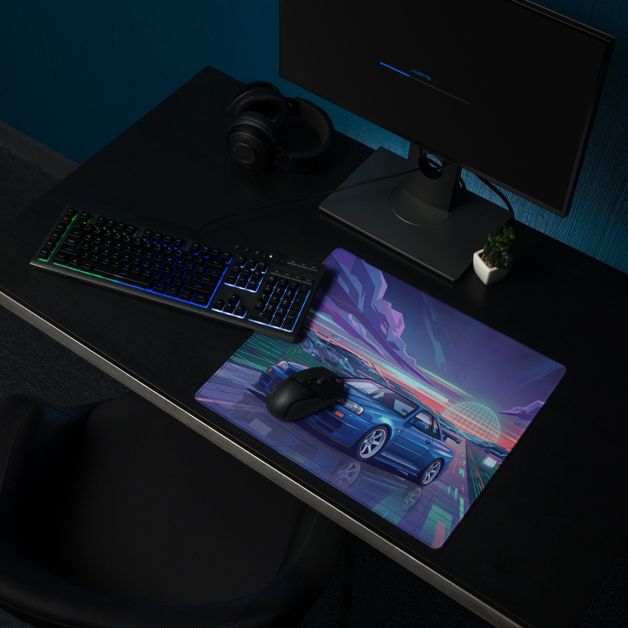 Nissan Skyline GT-R R34 Inspired Blue Vaporwave Gaming Mouse Pad, Neon JDM Sports Car Desk Mat with Retro Futuristic Synthwave Landscape Art