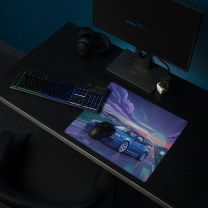 Nissan Skyline GT-R R34 Inspired Blue Vaporwave Gaming Mouse Pad, Neon JDM Sports Car Desk Mat with Retro Futuristic Synthwave Landscape Art