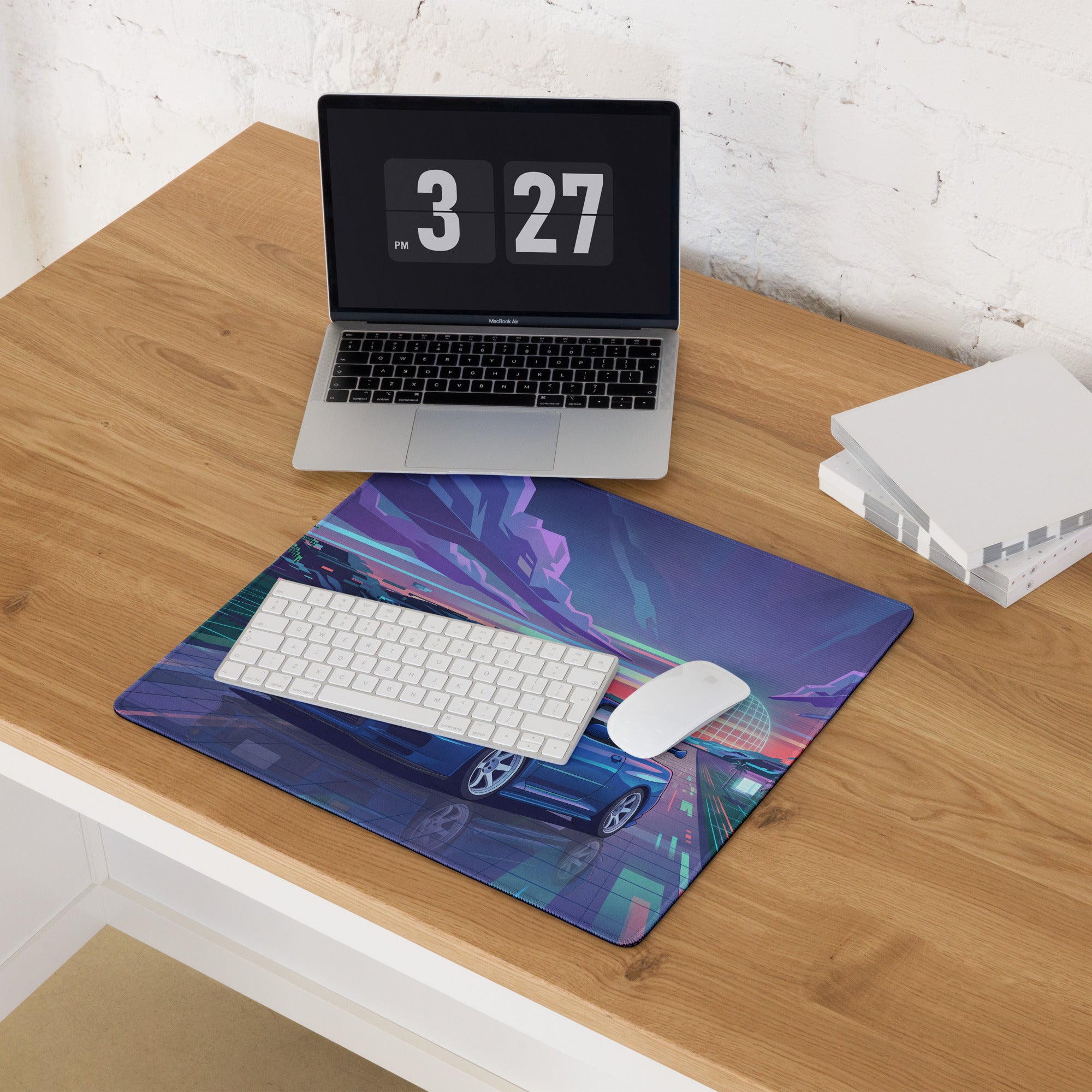 Nissan Skyline GT-R R34 Inspired Blue Vaporwave Gaming Mouse Pad, Neon JDM Sports Car Desk Mat with Retro Futuristic Synthwave Landscape Art