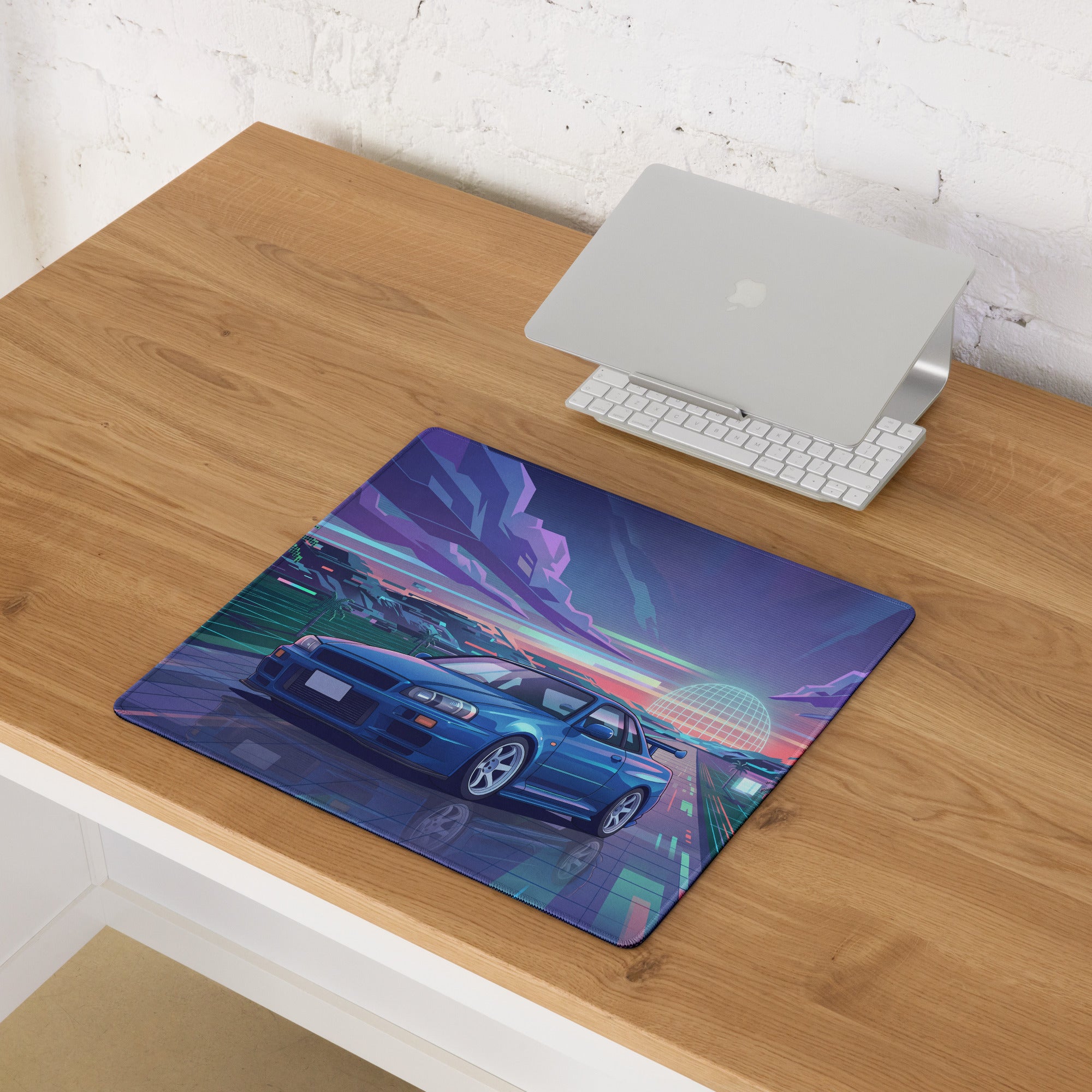 Nissan Skyline GT-R R34 Inspired Blue Vaporwave Gaming Mouse Pad, Neon JDM Sports Car Desk Mat with Retro Futuristic Synthwave Landscape Art