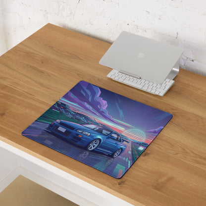 Nissan Skyline GT-R R34 Inspired Blue Vaporwave Gaming Mouse Pad, Neon JDM Sports Car Desk Mat with Retro Futuristic Synthwave Landscape Art