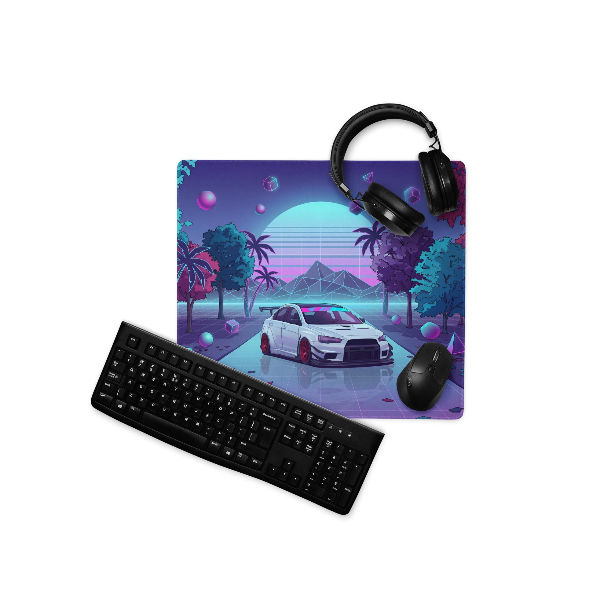Mitsubishi Lancer Evolution X Inspired White Vaporwave Gaming Mouse Pad, Neon JDM Performance Car Desk Mat with Retro Futuristic Synthwave Art