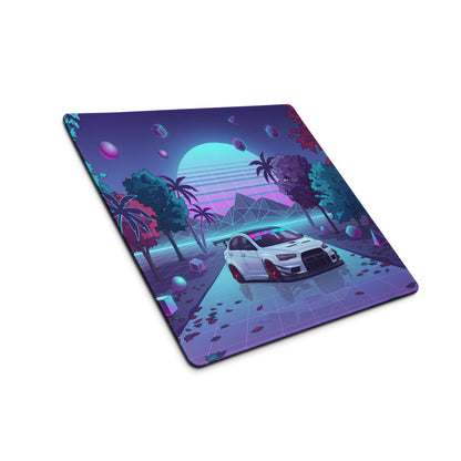 Mitsubishi Lancer Evolution X Inspired White Vaporwave Gaming Mouse Pad, Neon JDM Performance Car Desk Mat with Retro Futuristic Synthwave Art