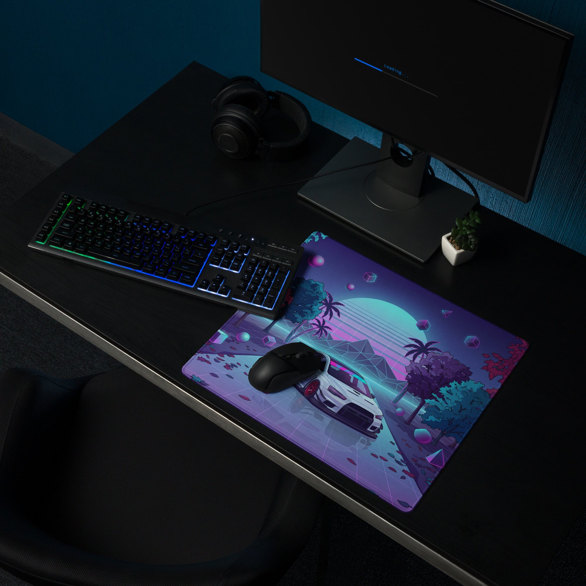 Mitsubishi Lancer Evolution X Inspired White Vaporwave Gaming Mouse Pad, Neon JDM Performance Car Desk Mat with Retro Futuristic Synthwave Art