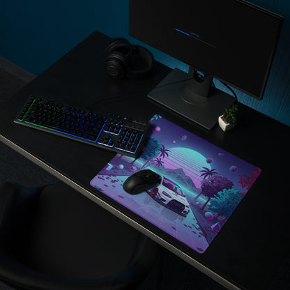 Mitsubishi Lancer Evolution X Inspired White Vaporwave Gaming Mouse Pad, Neon JDM Performance Car Desk Mat with Retro Futuristic Synthwave Art
