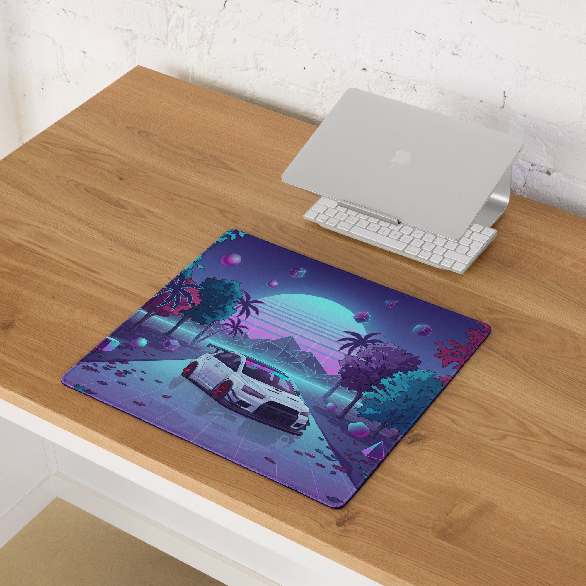 Mitsubishi Lancer Evolution X Inspired White Vaporwave Gaming Mouse Pad, Neon JDM Performance Car Desk Mat with Retro Futuristic Synthwave Art
