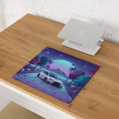 Mitsubishi Lancer Evolution X Inspired White Vaporwave Gaming Mouse Pad, Neon JDM Performance Car Desk Mat with Retro Futuristic Synthwave Art