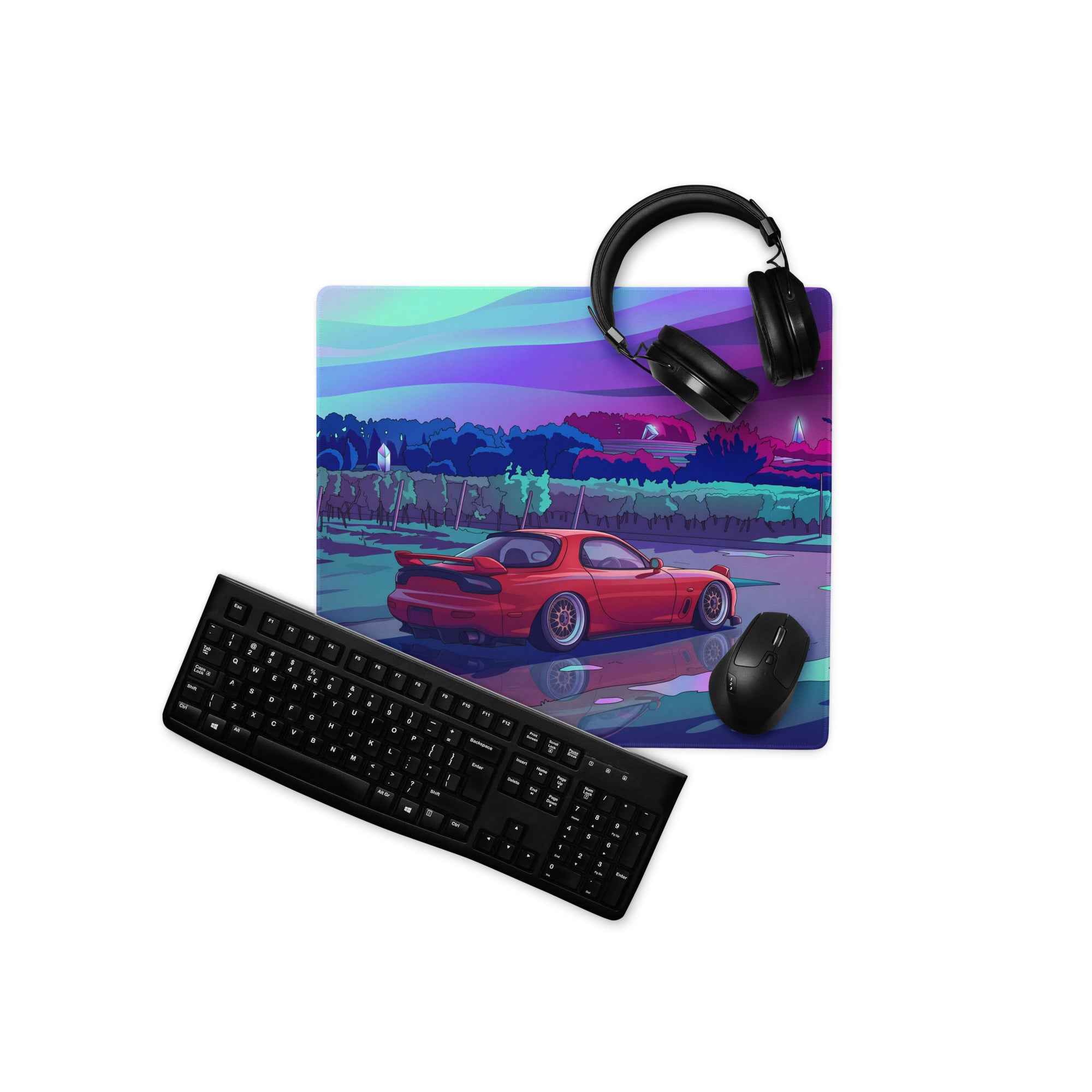 Mazda RX-7 FD Inspired Red Vaporwave Gaming Mouse Pad, Neon JDM Drift Car Desk Mat with Dreamy Retro Futuristic Landscape Art