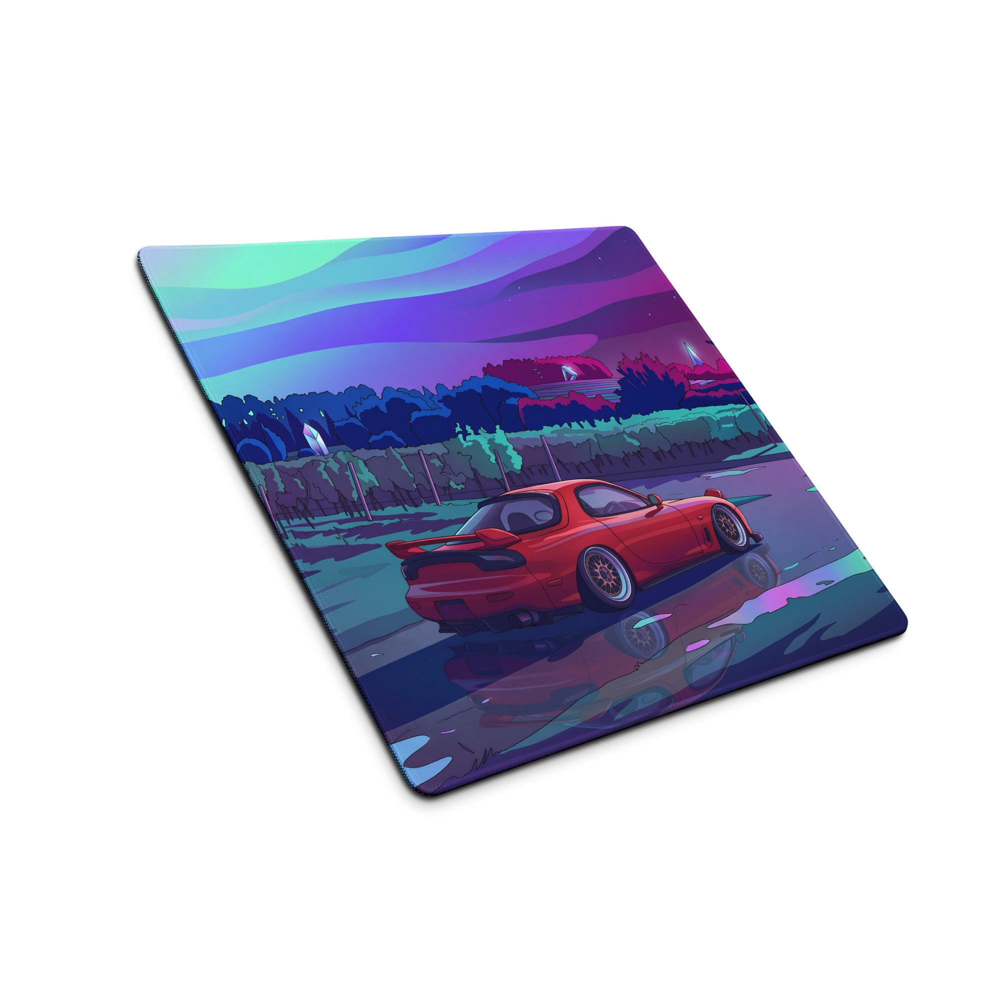 Mazda RX-7 FD Inspired Red Vaporwave Gaming Mouse Pad, Neon JDM Drift Car Desk Mat with Dreamy Retro Futuristic Landscape Art