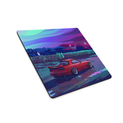 Mazda RX-7 FD Inspired Red Vaporwave Gaming Mouse Pad, Neon JDM Drift Car Desk Mat with Dreamy Retro Futuristic Landscape Art