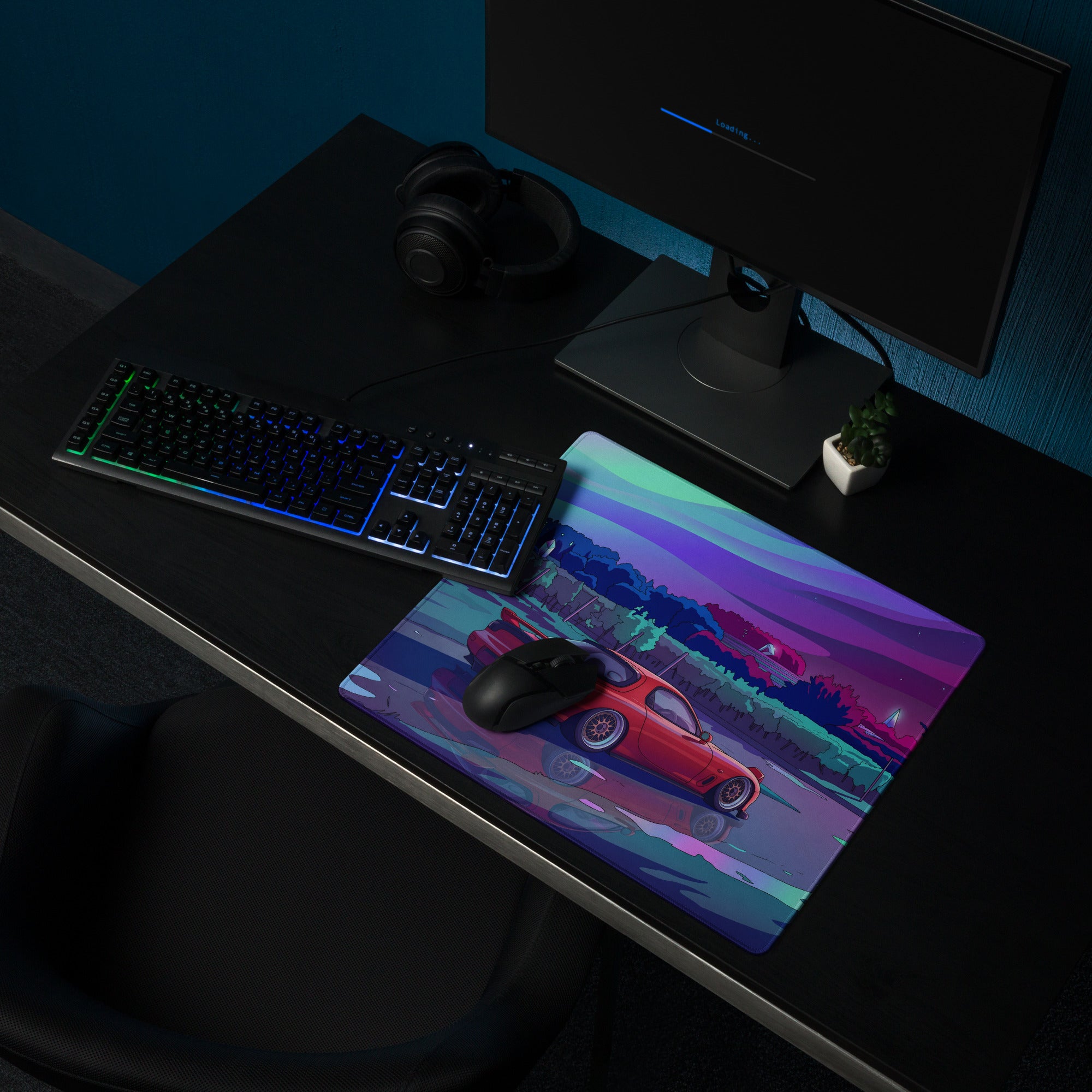Mazda RX-7 FD Inspired Red Vaporwave Gaming Mouse Pad, Neon JDM Drift Car Desk Mat with Dreamy Retro Futuristic Landscape Art