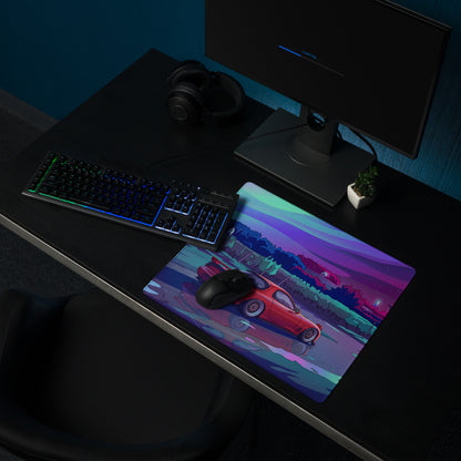 Mazda RX-7 FD Inspired Red Vaporwave Gaming Mouse Pad, Neon JDM Drift Car Desk Mat with Dreamy Retro Futuristic Landscape Art
