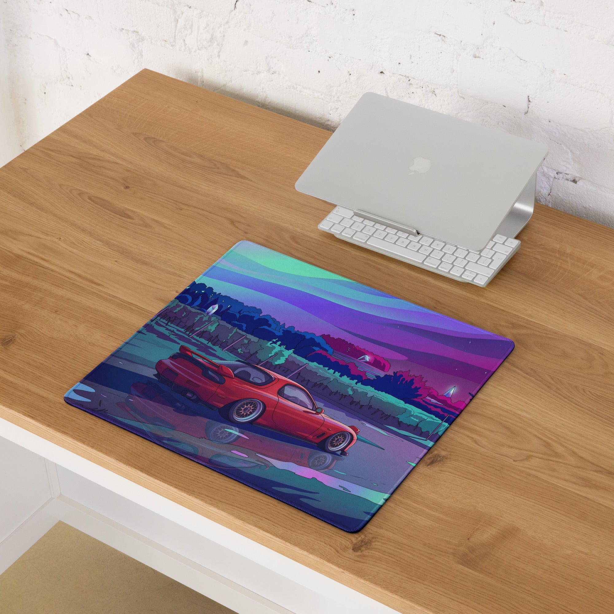 Mazda RX-7 FD Inspired Red Vaporwave Gaming Mouse Pad, Neon JDM Drift Car Desk Mat with Dreamy Retro Futuristic Landscape Art