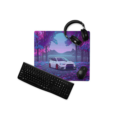 Mitsubishi Lancer Evolution X Inspired White Purple Vaporwave Gaming Mouse Pad, Neon JDM Rally Car Desk Mat with Retro Futuristic Forest Grid Artwork