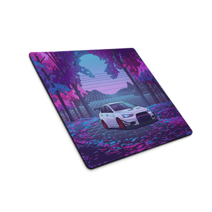Mitsubishi Lancer Evolution X Inspired White Purple Vaporwave Gaming Mouse Pad, Neon JDM Rally Car Desk Mat with Retro Futuristic Forest Grid Artwork