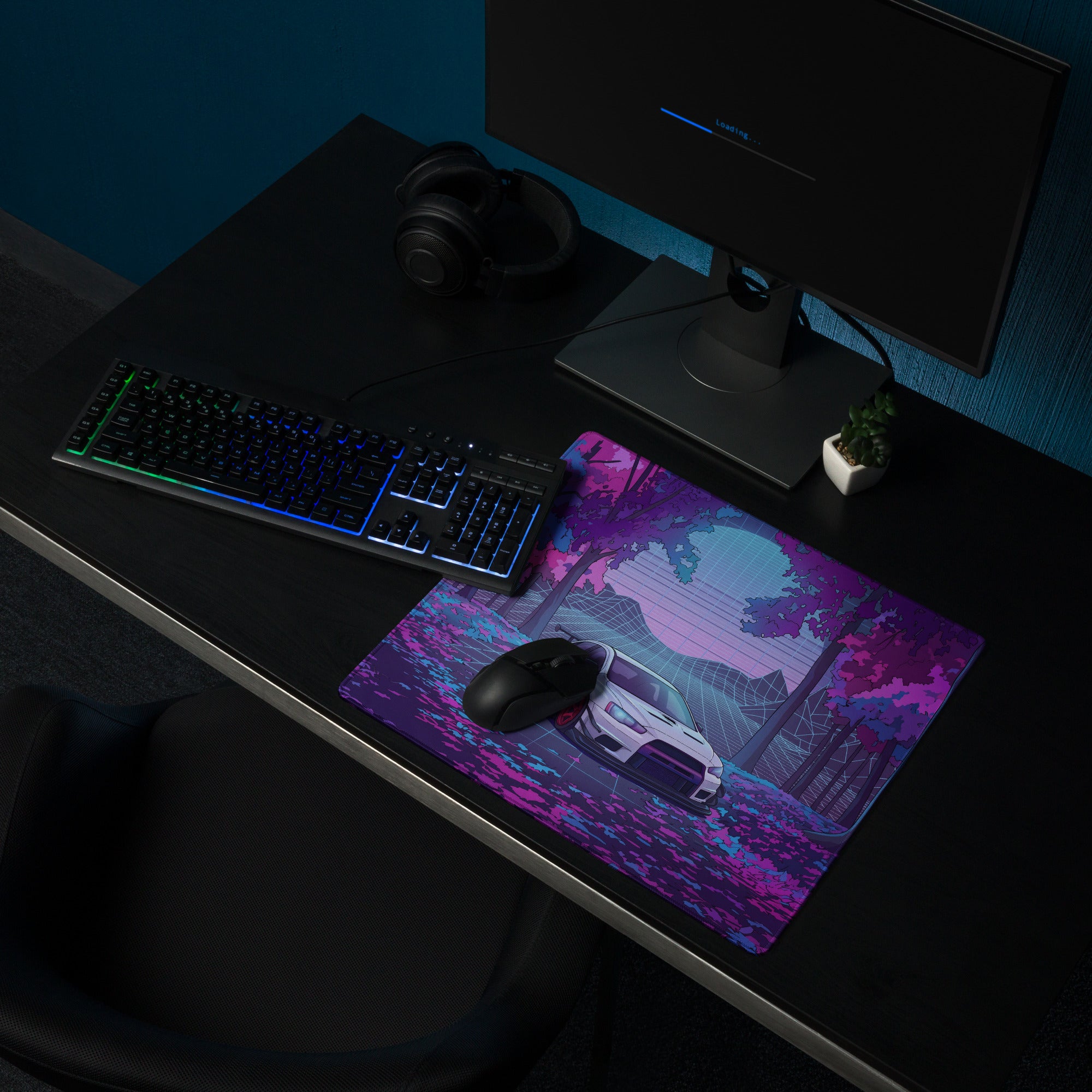 Mitsubishi Lancer Evolution X Inspired White Purple Vaporwave Gaming Mouse Pad, Neon JDM Rally Car Desk Mat with Retro Futuristic Forest Grid Artwork