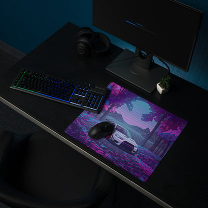 Mitsubishi Lancer Evolution X Inspired White Purple Vaporwave Gaming Mouse Pad, Neon JDM Rally Car Desk Mat with Retro Futuristic Forest Grid Artwork