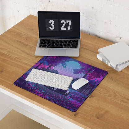 Mitsubishi Lancer Evolution X Inspired White Purple Vaporwave Gaming Mouse Pad, Neon JDM Rally Car Desk Mat with Retro Futuristic Forest Grid Artwork