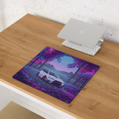 Mitsubishi Lancer Evolution X Inspired White Purple Vaporwave Gaming Mouse Pad, Neon JDM Rally Car Desk Mat with Retro Futuristic Forest Grid Artwork
