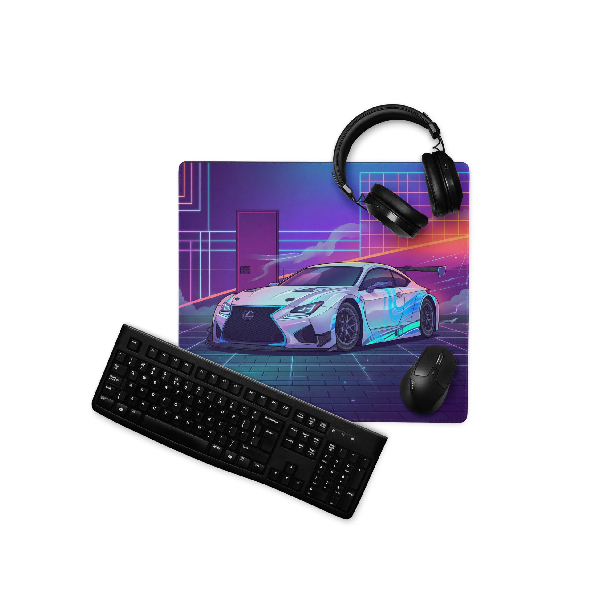 Lexus RC F Inspired White Blue Vaporwave Gaming Mouse Pad, Neon Japanese Luxury Sports Coupe Desk Mat with Retro Futuristic Cyber Grid Artwork