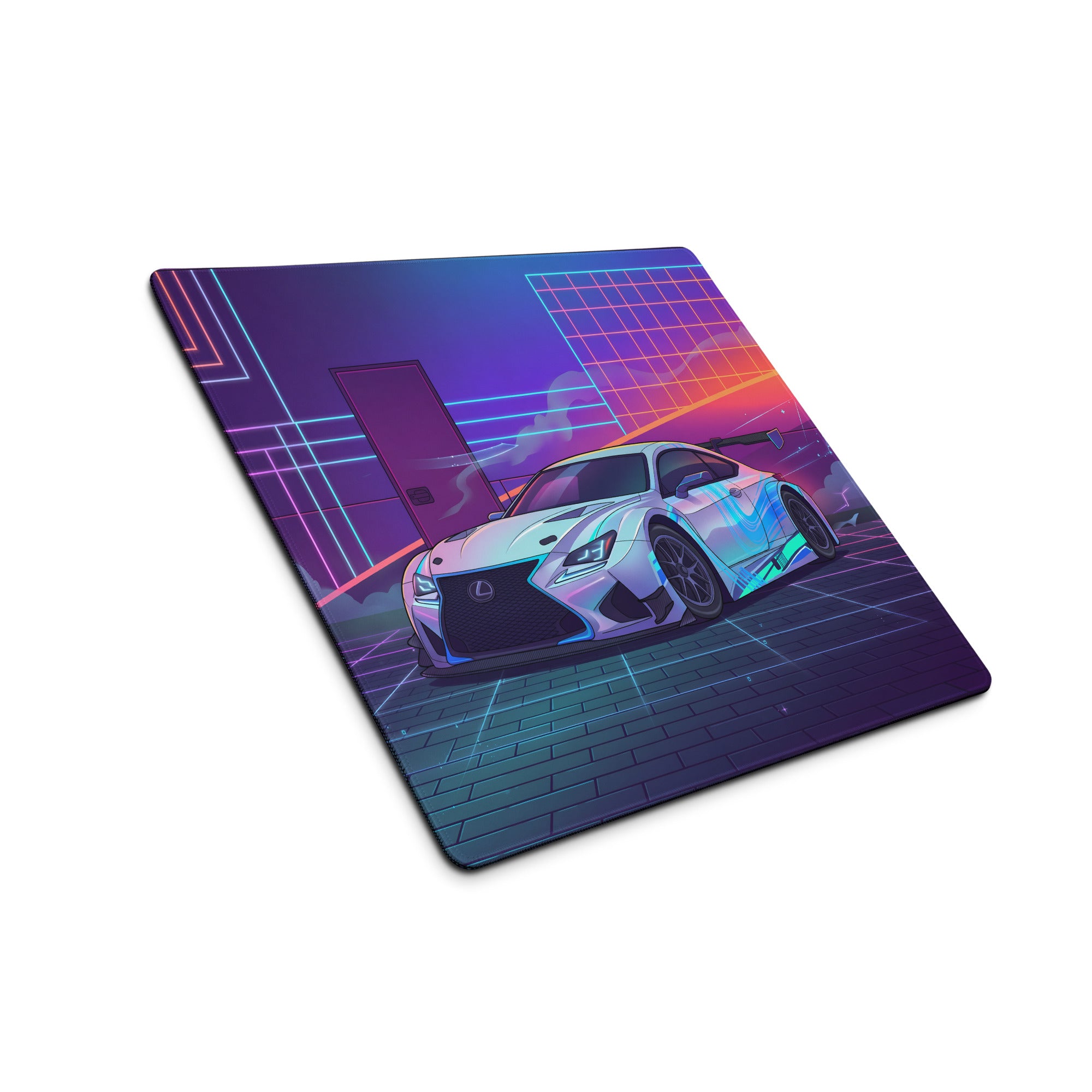 Lexus RC F Inspired White Blue Vaporwave Gaming Mouse Pad, Neon Japanese Luxury Sports Coupe Desk Mat with Retro Futuristic Cyber Grid Artwork