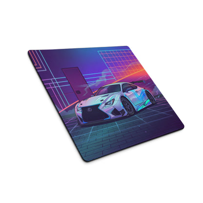 Lexus RC F Inspired White Blue Vaporwave Gaming Mouse Pad, Neon Japanese Luxury Sports Coupe Desk Mat with Retro Futuristic Cyber Grid Artwork
