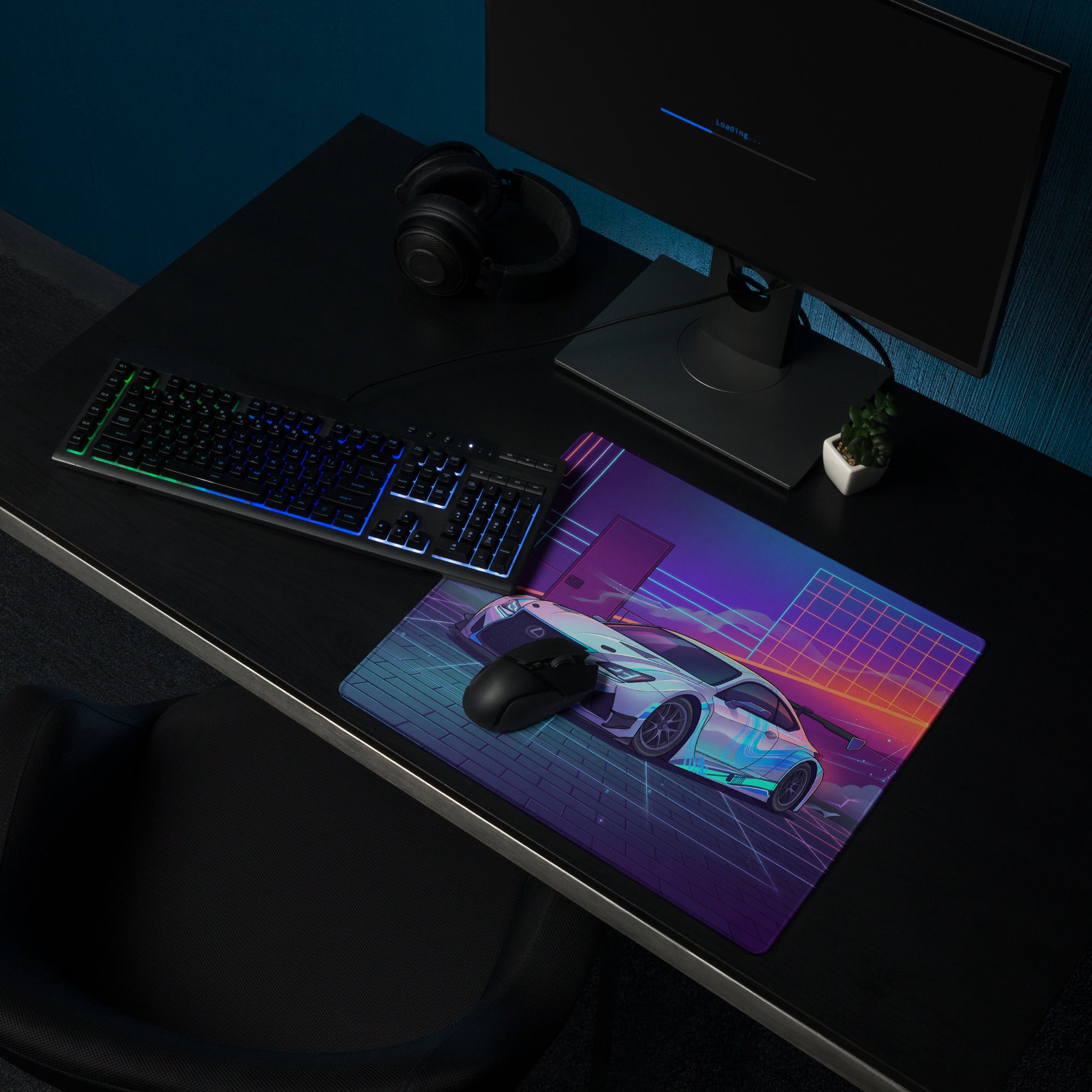 Lexus RC F Inspired White Blue Vaporwave Gaming Mouse Pad, Neon Japanese Luxury Sports Coupe Desk Mat with Retro Futuristic Cyber Grid Artwork