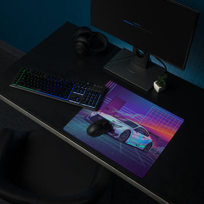 Lexus RC F Inspired White Blue Vaporwave Gaming Mouse Pad, Neon Japanese Luxury Sports Coupe Desk Mat with Retro Futuristic Cyber Grid Artwork
