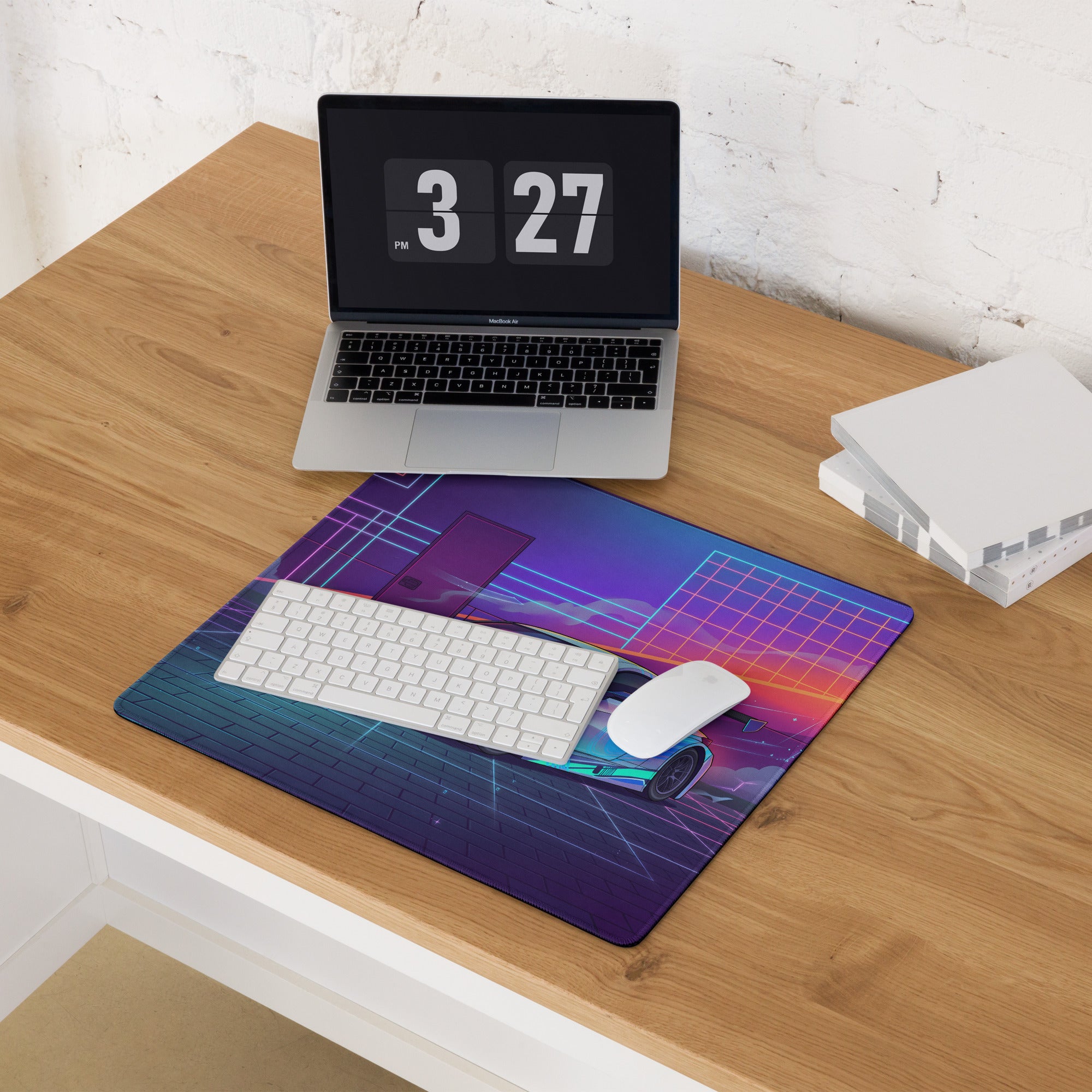 Lexus RC F Inspired White Blue Vaporwave Gaming Mouse Pad, Neon Japanese Luxury Sports Coupe Desk Mat with Retro Futuristic Cyber Grid Artwork