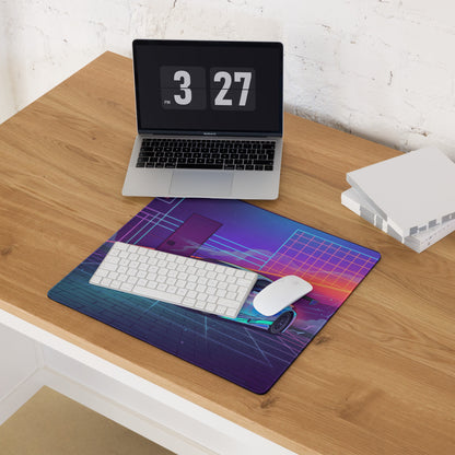 Lexus RC F Inspired White Blue Vaporwave Gaming Mouse Pad, Neon Japanese Luxury Sports Coupe Desk Mat with Retro Futuristic Cyber Grid Artwork