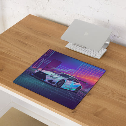 Lexus RC F Inspired White Blue Vaporwave Gaming Mouse Pad, Neon Japanese Luxury Sports Coupe Desk Mat with Retro Futuristic Cyber Grid Artwork