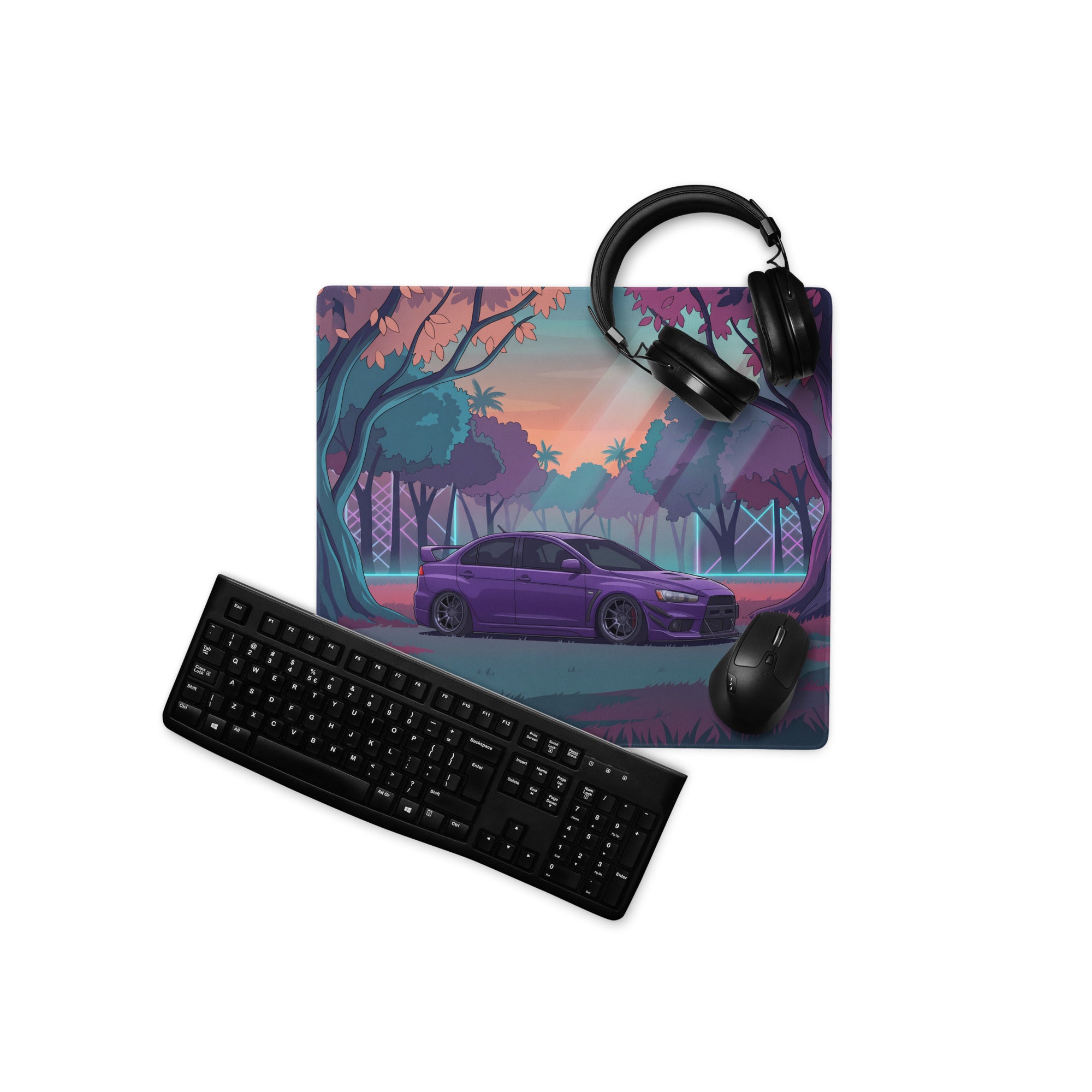 Mitsubishi Lancer Evolution X Inspired Purple Teal Vaporwave Gaming Mouse Pad, Neon JDM Rally Car Desk Mat with Dreamy Retro Futuristic Forest Artwork