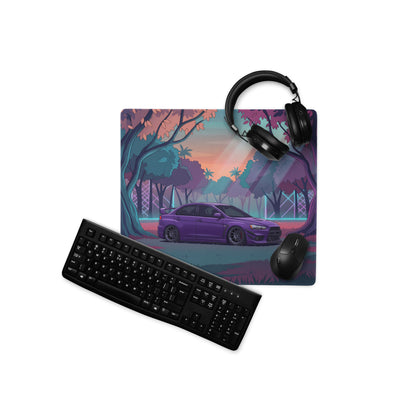 Mitsubishi Lancer Evolution X Inspired Purple Teal Vaporwave Gaming Mouse Pad, Neon JDM Rally Car Desk Mat with Dreamy Retro Futuristic Forest Artwork