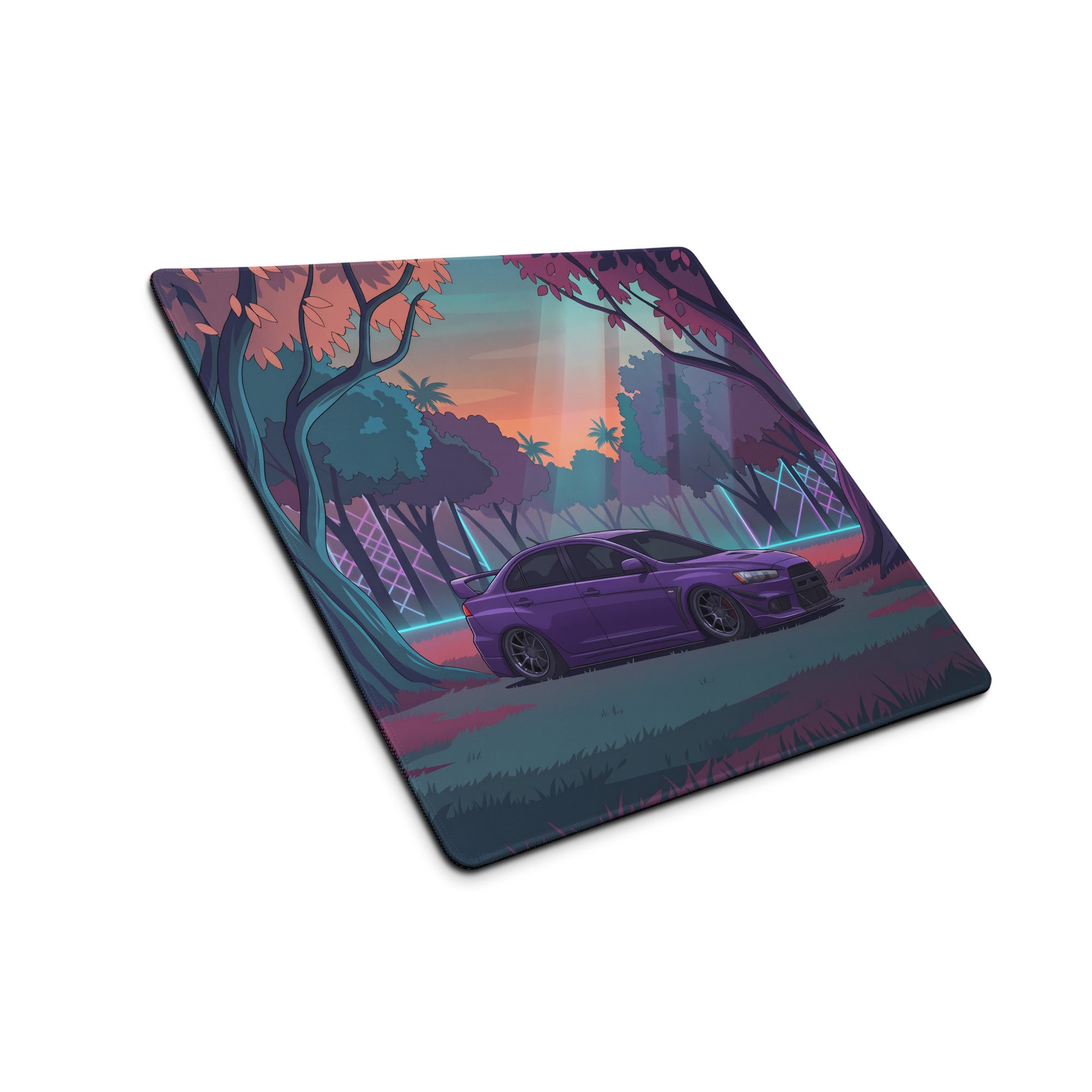 Mitsubishi Lancer Evolution X Inspired Purple Teal Vaporwave Gaming Mouse Pad, Neon JDM Rally Car Desk Mat with Dreamy Retro Futuristic Forest Artwork