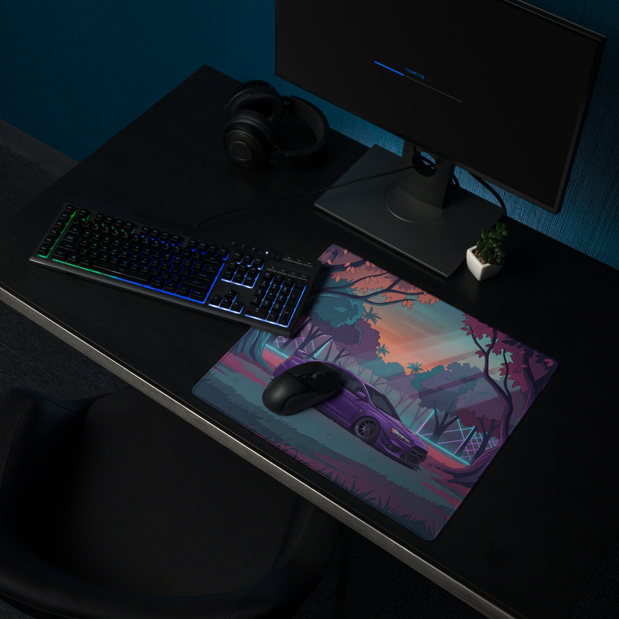 Mitsubishi Lancer Evolution X Inspired Purple Teal Vaporwave Gaming Mouse Pad, Neon JDM Rally Car Desk Mat with Dreamy Retro Futuristic Forest Artwork