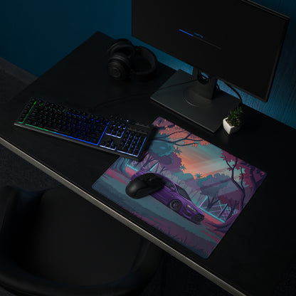 Mitsubishi Lancer Evolution X Inspired Purple Teal Vaporwave Gaming Mouse Pad, Neon JDM Rally Car Desk Mat with Dreamy Retro Futuristic Forest Artwork