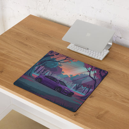 Mitsubishi Lancer Evolution X Inspired Purple Teal Vaporwave Gaming Mouse Pad, Neon JDM Rally Car Desk Mat with Dreamy Retro Futuristic Forest Artwork