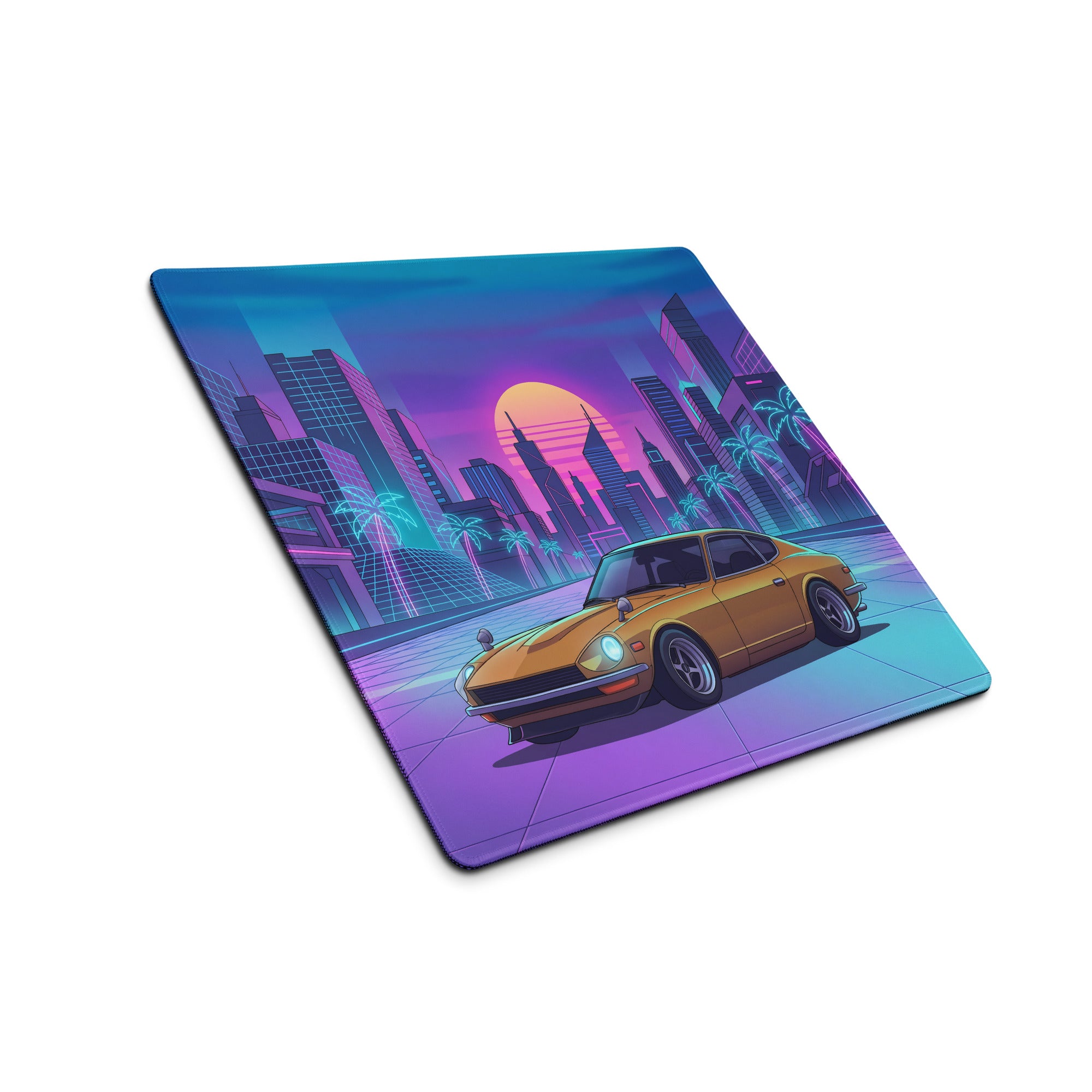 Datsun 240Z Inspired Gold Purple Vaporwave Gaming Mouse Pad, Classic JDM Sports Car Desk Mat with Retro Futuristic Neon City Sunset Artwork