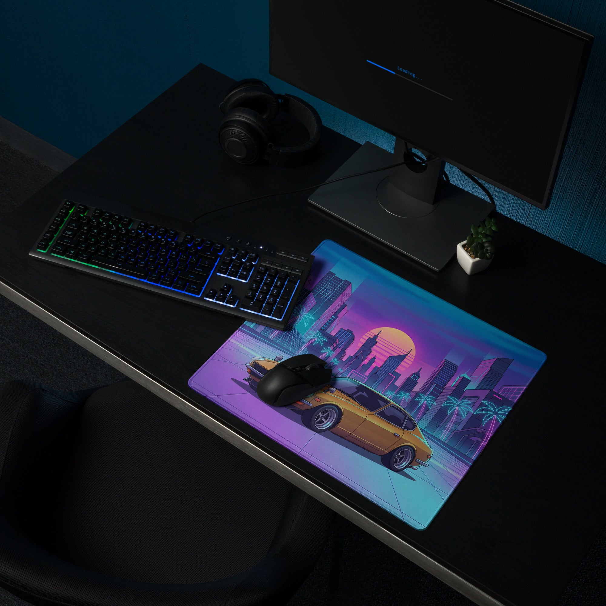 Datsun 240Z Inspired Gold Purple Vaporwave Gaming Mouse Pad, Classic JDM Sports Car Desk Mat with Retro Futuristic Neon City Sunset Artwork