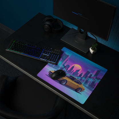 Datsun 240Z Inspired Gold Purple Vaporwave Gaming Mouse Pad, Classic JDM Sports Car Desk Mat with Retro Futuristic Neon City Sunset Artwork