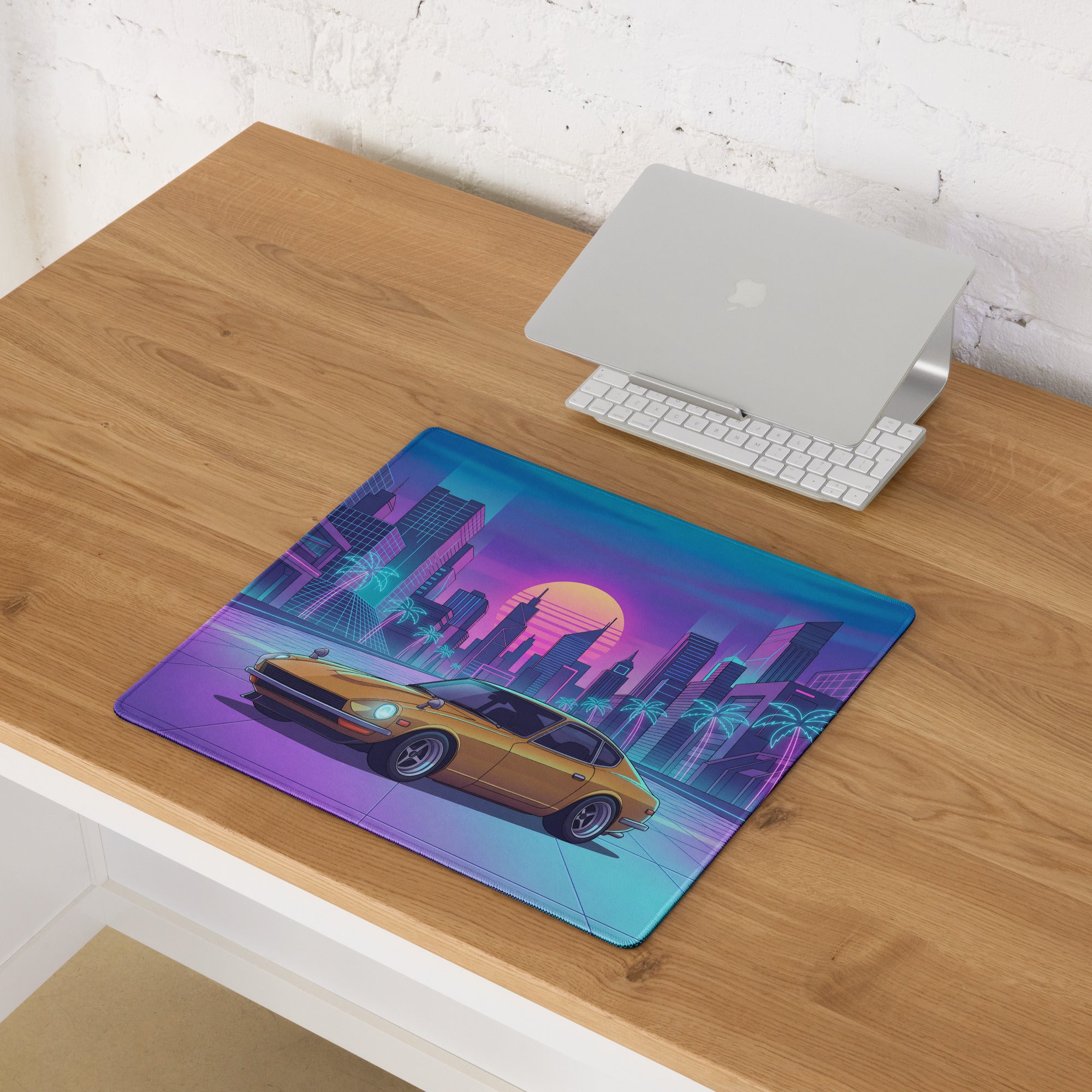 Datsun 240Z Inspired Gold Purple Vaporwave Gaming Mouse Pad, Classic JDM Sports Car Desk Mat with Retro Futuristic Neon City Sunset Artwork