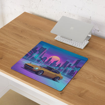 Datsun 240Z Inspired Gold Purple Vaporwave Gaming Mouse Pad, Classic JDM Sports Car Desk Mat with Retro Futuristic Neon City Sunset Artwork