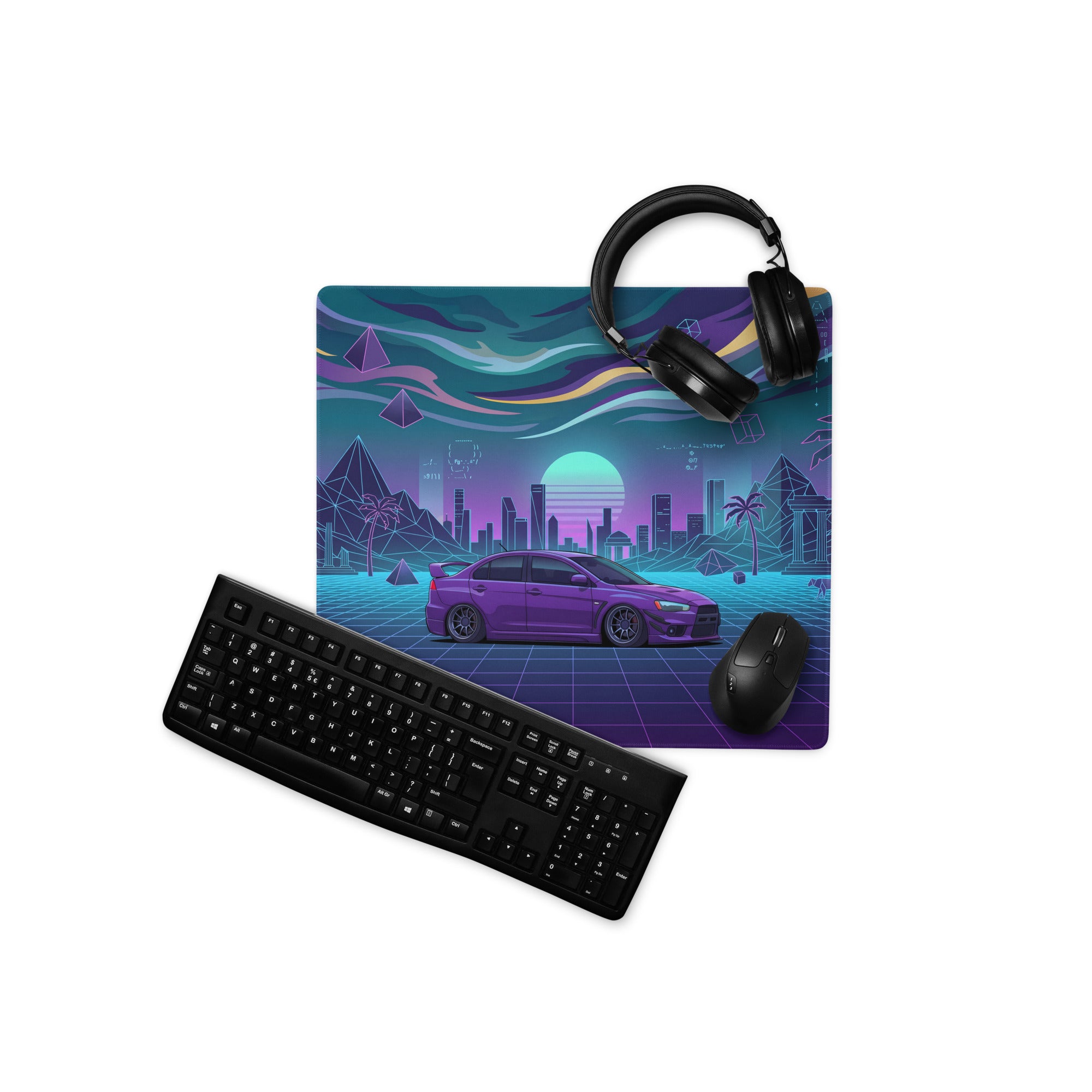 Mitsubishi Lancer Evolution X Inspired Purple Blue Vaporwave Gaming Mouse Pad, Neon JDM Rally Car Desk Mat with Retro Futuristic Cyber Grid Artwork