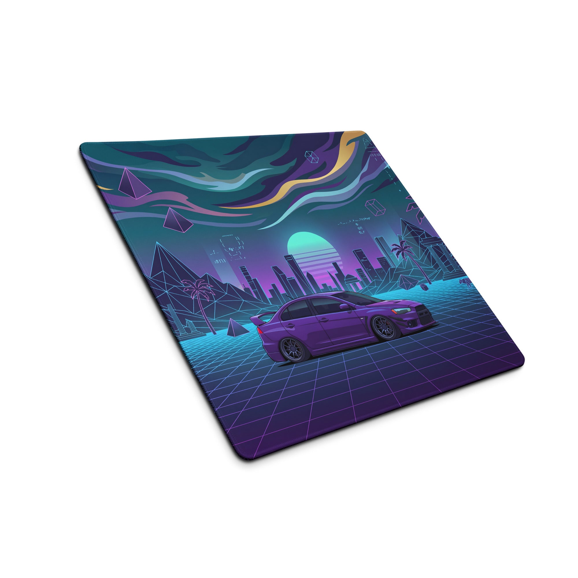 Mitsubishi Lancer Evolution X Inspired Purple Blue Vaporwave Gaming Mouse Pad, Neon JDM Rally Car Desk Mat with Retro Futuristic Cyber Grid Artwork