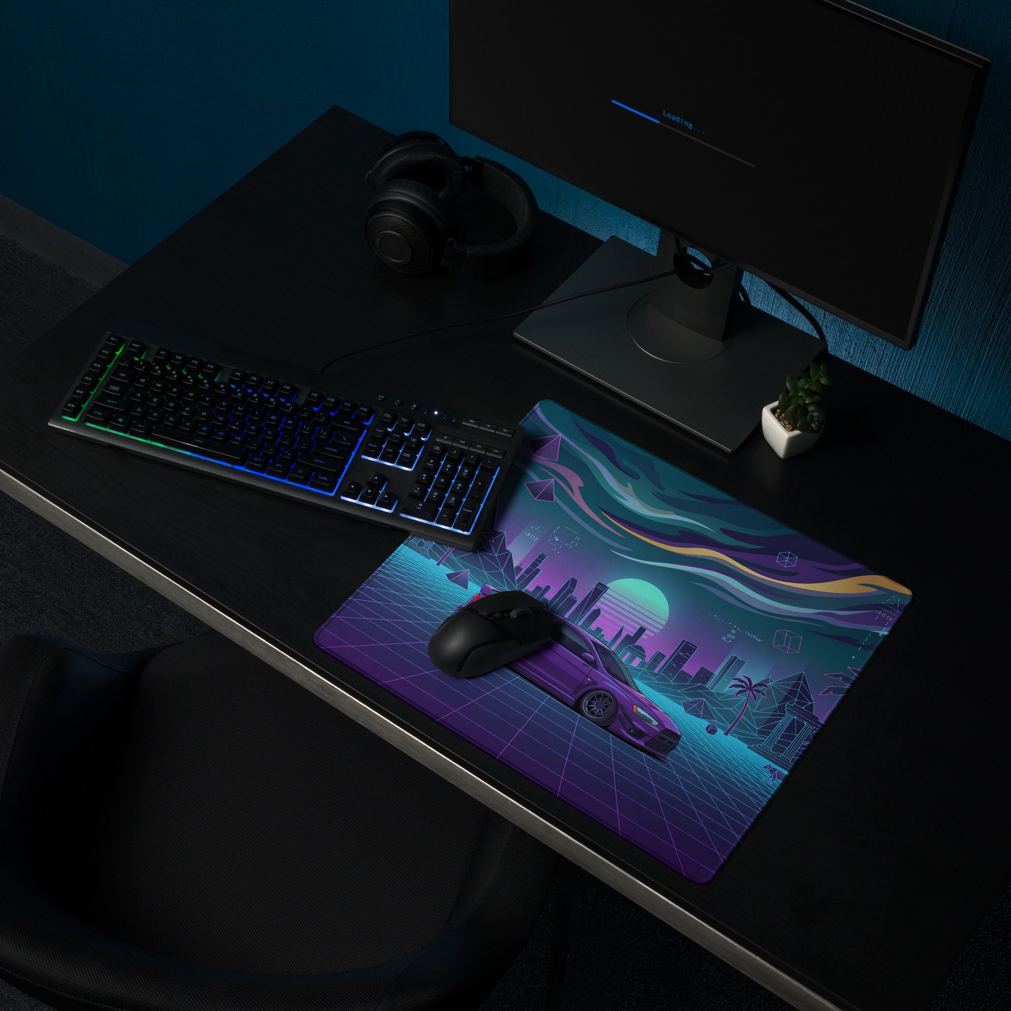 Mitsubishi Lancer Evolution X Inspired Purple Blue Vaporwave Gaming Mouse Pad, Neon JDM Rally Car Desk Mat with Retro Futuristic Cyber Grid Artwork